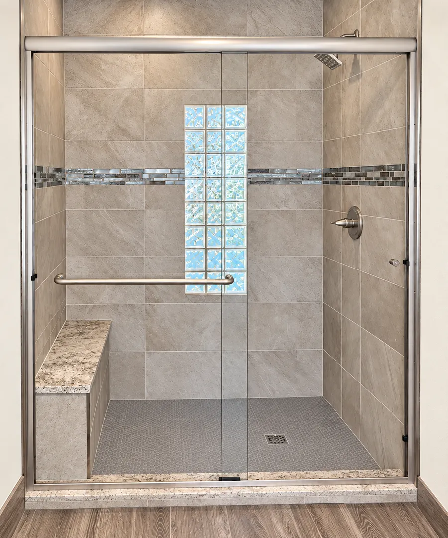 Walk in shower with built in seat and grab bar